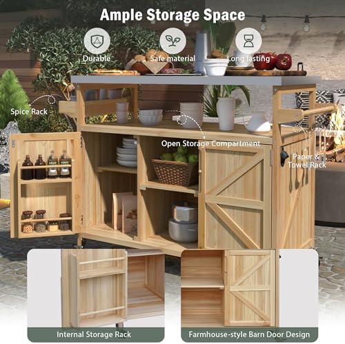 Merax 50" Outdoor Kitchen Grill Cart Island on Wheels with Stainless Steel Top,Farmhouse Style Solid Wood Frame Storage Cabinet for Patio