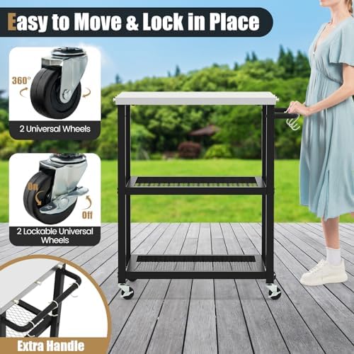 Byroce Grill Cart, 3-Shelf Outdoor Prep Table for Grill with Stainless Steel Top, 9 Hooks & Wheels, Movable Food Cooking and Pizza Oven Stand Table, Grill Table for Party BBQ Patio