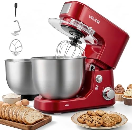 VEVOR 5.3+4.2 Qt Tilt Head Stand Mixer 400W Electric Dough Mixer, 3 Speeds Food Kitchen Mixer with Stainless Steel Bowl, Splash Guard, Dough Hook, Whisk, Beater, for Baking Mixing Whipping