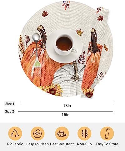 Round Placemats Set of 8 Harvest Pumpkin Fall Place Mats Maple Leaves Sunflower Ears of Wheat Circle Braided Placemat Heat Resistant Table Mat for Thanksgiving Autumn Harvest Decorations, 15 Inch