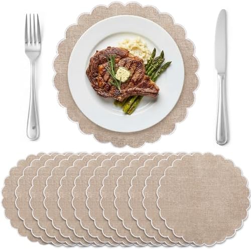 Set of 12 Linen Boho Cotton Placemats 15" Round Scalloped White