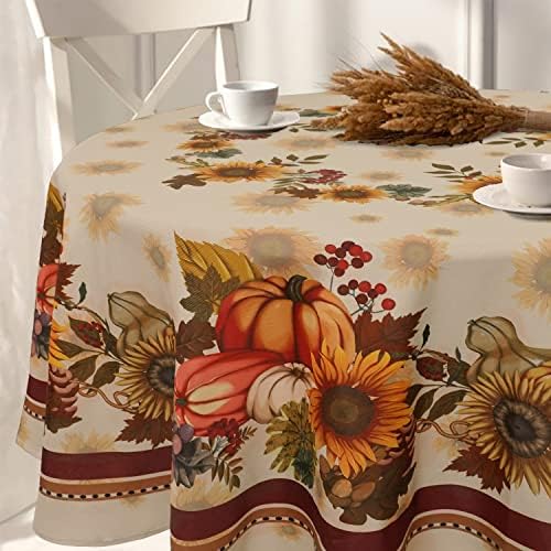 Fall Thanksgiving Double Border Decoration Tablecloth, Sunflower & Pumpkin Harvest Tablecloths,Waterproof Table Cover for Dinner Kitchen Party Holiday Decorations, Round 70"