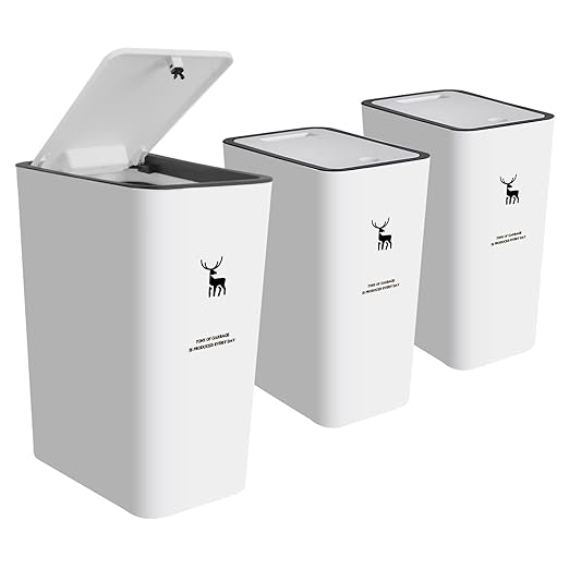 XPIY Trash Can with Lid, 2 Pack 4 Gallons/15 Liters Garbage Can with Press Top, Small Trash Can Dog Proof, Plastic Trash Bin, Waste Basket for Bathroom|Kitchen|Bedroom|Office (1, WhiteWhiteWhite)