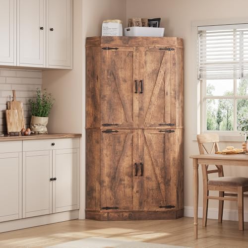 Jocoevol Corner Cabinet,71'' Kitchen Pantry Storage Cabinet with 4 Doors and Shelves, Tall Food Pantry Storage Cabinet Farmhouse Furniture for Kitchen Dining Room, Brown