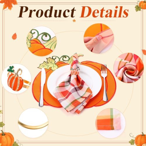 Havawish 18 Pcs 15'' Fall Placemats Pumpkin Napkins Rings Cloth Napkins