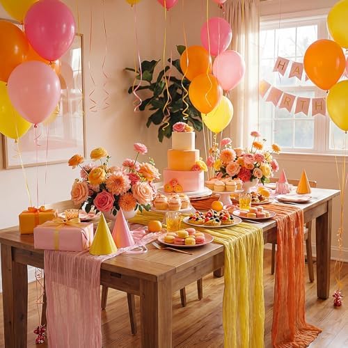 6 Pcs Fall Orange Yellow Pink Cheesecloth Table Runner 118" Gauze