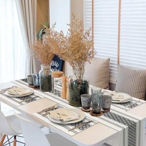 ADRIMER Placemats Set of 8, Boho Table Mats Cotton Blend, Durable Cloth Table Placemats Machine Washable, Rustic Place Mats for Dining Kitchen Table, 14 x 18 Inch, Black