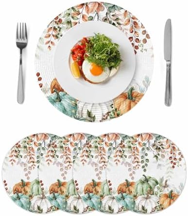 Fall Round Placemats Set of 4 Thanksgiving Autumn Eucalyptus Leaf Place Mats Woven Placemat Sage Green Maple Leaves Pumpkin Circle Braided Table Mat for Kitchen Holiday Party Fall Decor 15 Inch