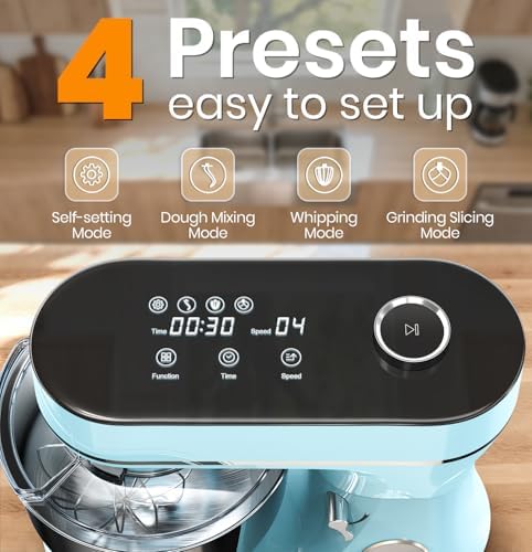 Stand Mixer 6QT Kitchen Mixer with LED Smart Touchscreen, 11-Speed Tilt-Head Mixer with Timer, 4 Preset Menus, Stainless Steel Bowl, Dough Hook, Whisk, Beater (Blue, 6Qt)