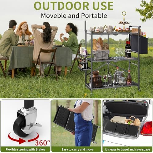 DTUQYX Foldable Outdoor Grill Cart with 3-Tier,Grill Cart,Grill Table for Outside with 2 Total Lock Casters，Pizza Oven Stand Table，Rolling BBQ Table and Folding Kitchen Island, Black