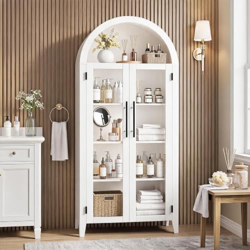 Garvee Arched Cabinet with Glass Doors, 5-Tier Kitchen Pantry Cabinet with Adjustable Shelves, Farmhouse Display Storage Cabinet for Dining Room, Living Room, White