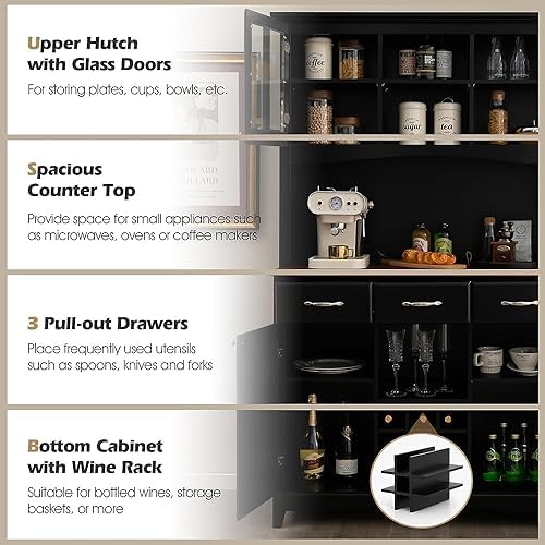 72.5'' Kitchen Pantry Cabinet, Tall Buffet Sideboard w/ 3-Position Adjustable Shelves & 9-Grid Wine Rack, Freestanding Microwave Cabinet for Kitchen, Dining Room, Living Room (Black)