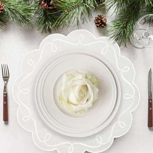 15 Inch Ribbon Twirl Embroidery Round Placemats Set of 4, Scalloped Round Table Mats for Party Kitchen Dining Decoration, White