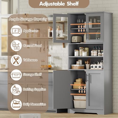 IDEALHOUSE 67-Inch Storage Cabinet with Glass & Wood Doors - 6-Shelf Modern Cupboard with Adjustable Shelves & Magnetic Base for Kitchen Pantry, Living Room, Bookcase，Bathroom Locker