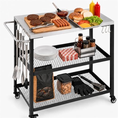 Grill Table with Stainless Steel Top, 28.54 x 16.14 in