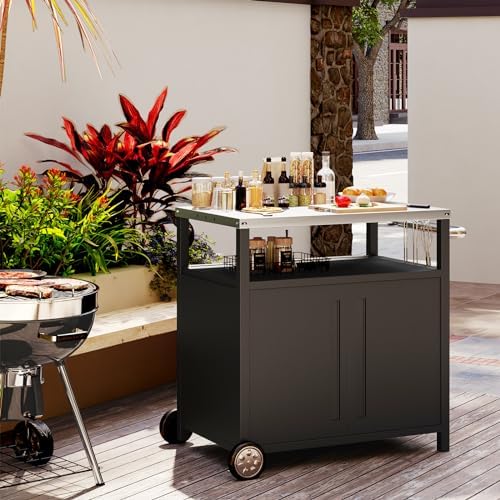 Outdoor Grill Cart with Storage Cabinet Stainless Steel Prep Stand with Storage Cabinet and Wheels Movable Whole Portable Table Outdoor Rolling Prep Station Kitchen Island Pizza Oven Table for Garden