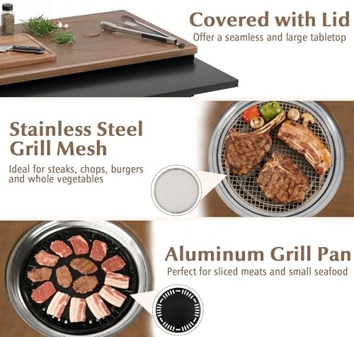 GIANTEX Outdoor Grill Cart with Korean BBQ Charcoal Grill, Dual Cooking Surfaces, Rolling Food Prep Table with Foldable Side Shelf, Storage Shelves, Wood-Look Top, for Patio, Party & Backyard Cooking