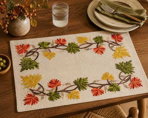 SARO LIFESTYLE Autumn Leaf Embroidered Placemats (Set of 4) - Decorative Fall Placemats for Seasonal Dining, Thanksgiving Tables and Harvest Entertaining, 14"x20", Natural