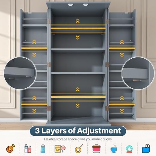 kepptory 47" Kitchen Pantry Cabinet with Doors and Adjustable Shelves, Freestanding Pantry Storage Cabinet, Farmhouse Buffet Cupboard for Kitchen, Dining Room, Living Room, Grey