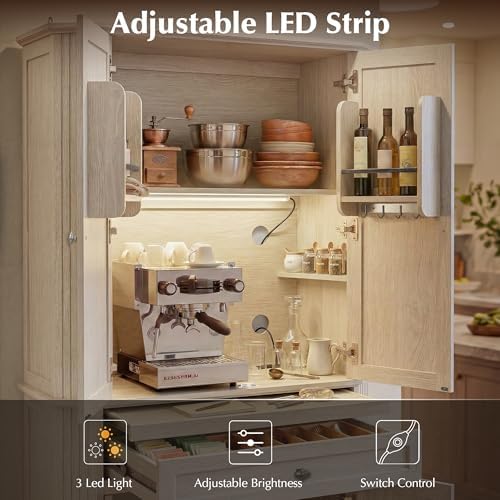 72.2" Tall Kitchen Pantry Cabinet with Doors, Farmhouse Storage Cabinet with Charging Station & LED Light, Drawer, Adjustable Shelves and Pull-Out Shelves, White Wood Pantry Cupboard for Dining Room