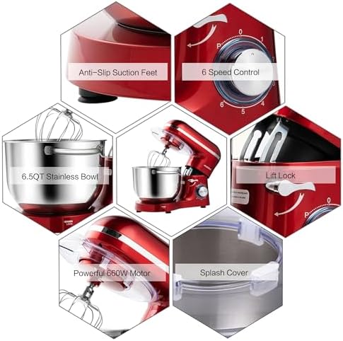 Aucma Stand Mixer,6.5-QT 660W 6-Speed Tilt-Head Food Mixer, Kitchen Electric Mixer with Dough Hook, Wire Whip & Beater (Red, 6.5QT)