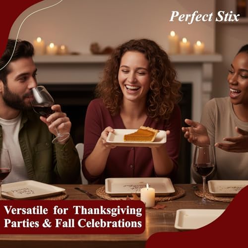 Perfect Stix Friendsgiving Plates and Napkins Set – 25 Large 10-Inch & 25 Small 7-Inch Eco-Friendly Wooden Plates with 50 Burgundy 2-Ply Dinner Napkins –Thanksgiving & Friendsgiving Gatherings