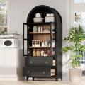 Merax 71" Tall Arched Farmhouse Pantry Cabinet with Glass Doors & 2 Large Drawers - Adjustable Shelves, Modern Kitchen Storage Cupboard for Dining Room, Living Room (30" W x 15.75" D), Black