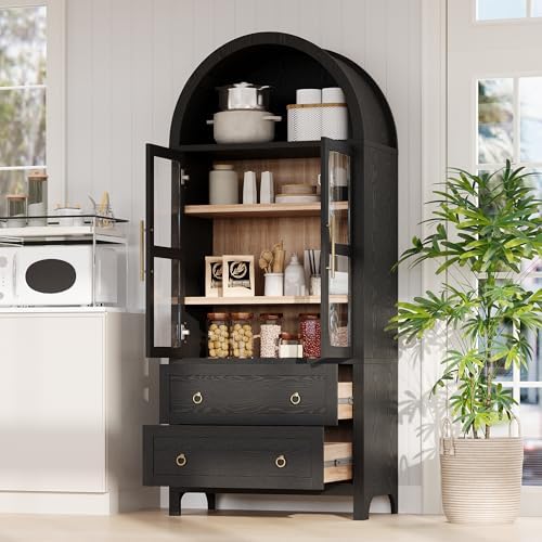 Merax 71" Tall Arched Farmhouse Pantry Cabinet with Glass Doors & 2 Large Drawers - Adjustable Shelves, Modern Kitchen Storage Cupboard for Dining Room, Living Room (30" W x 15.75" D), Black