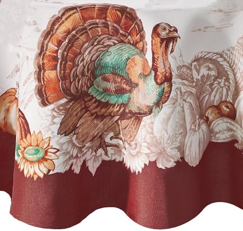 Holiday Turkey Bordered Fall Tablecloth, Multicolor - 70" W x 70" L Round