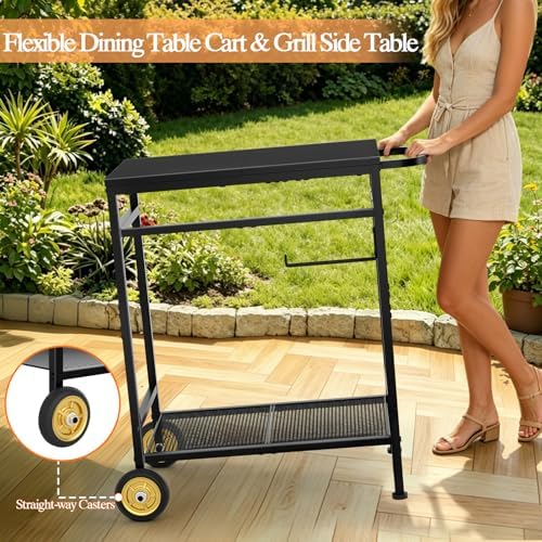 2-Tier Outdoor Grill Table with Wheels, Movable Cooking Food Prep Table for Outside BBQ Gathering, with 23.62" Lx 15.75" W Rust-resistant Tabletop, Griddle Stand for Patio & Backyard & Tools Room