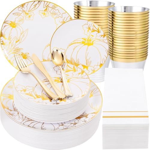 Liacere 175PCS Thanksgiving Plates- Gold Pumpkin Plastic Plates-Thanksgiving Plastic Plates and Napkins Sets Include 50 Plastic Plates,75 Thanksgiving Dinnerware，25 Gold Cups 25 Napkin for Fall Plates