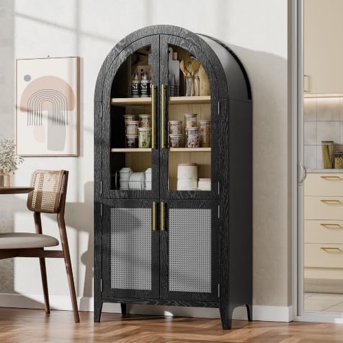 63" Tall Arched Cabinet with Glass Doors, Kitchen Pantry Storage Cabinet with Dust-Proof Rattan, 5-Tier Curio China Cabinet with Adjustable Shelves for Living Room Dining Room, Black
