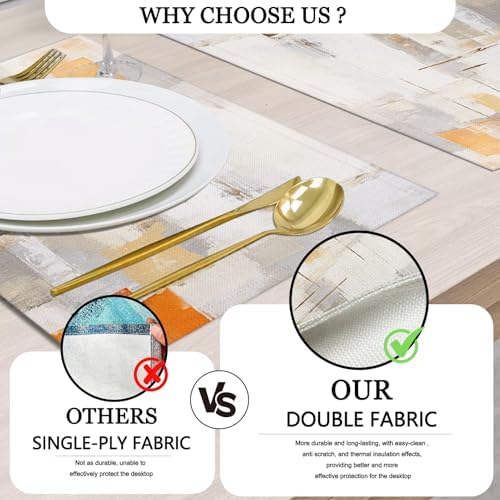 Mcalk Orange Table Runner and Placemats Set of 6, Abstract Grey Placemats, Modern Cloth Place Mats Indoor for Kitchen,Washable Linen Material for Dining Table