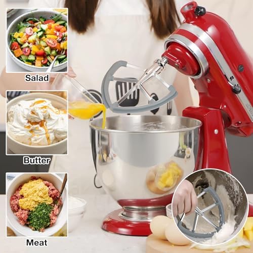 6QT Stainless Steel Flex Edge Beater for KitchenAid Mixer Professional 6 Quart Paddle Attachment Compatible with Kitchen Aid Accessories KD2661X, KP2671X with Silicone Edges Scraper