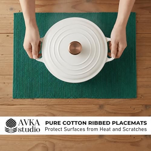 100% Cotton Ribbed Placemats - Set of 8-13 x 19 Inches - Peacock Green - Everyday Cloth Table Mats - Thick Construction, Washable & Reusable Cloth Place Mats - by AVKA Studio