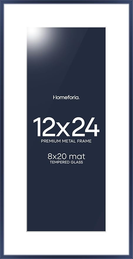 Homeforia 12x24 Navy Blue Picture Frame, High End Metal 12x24 Poster Frames with Mat 8x20 Photo, 12 x 24 Navy Blue Frame Matted to 8 x 20 Art, 24x12 Panoramic Frame, Tempered Glass, Wall Kit, Set of 1