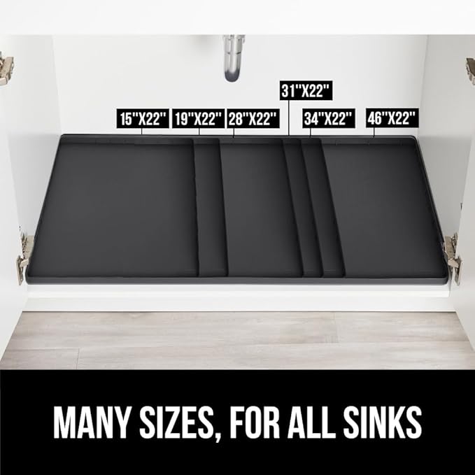 GORILLA GRIP Waterproof Silicone Under Sink Mat with Raised Lip for Kitchen and Bathroom, 34 x 22 in, Cabinet Shelf Liner Stay in Place Mats Dishwasher Safe Drawer Liner, Organizer Tray, Black