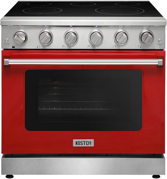 KOSTCH 36 inch Professional Electric Range with 5 Heating Elements Cooktop, 6.0 Cu. Ft. Convection Oven Capacity,Electric Stove Smooth Glass Top, in Stainless Steel KOS-36RE06H (Red)
