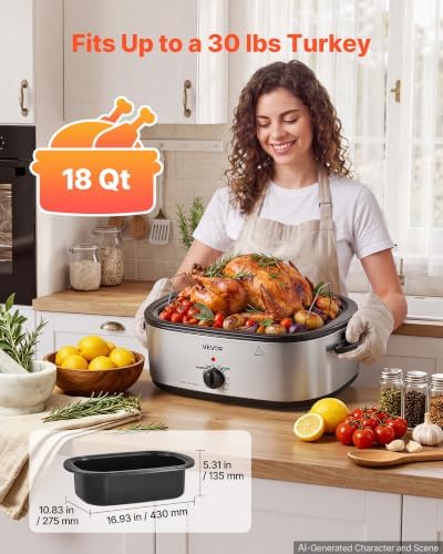VEVOR Electric Roaster Oven, 18 Qt 1450W, Turkey Roasting Pan, Viewing Lid