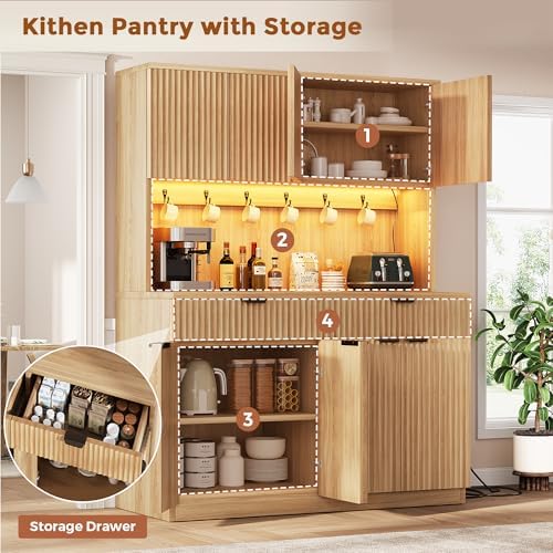 Jocoevol Fluted Kitchen Pantry Storage Cabinet with Charging Station & LED Lights,71" Tall Kitchen Hutch with Microwave Stand, Adjustable Shelves,Storage Doors (Natural, 47" W x71 Hx15.7 D)