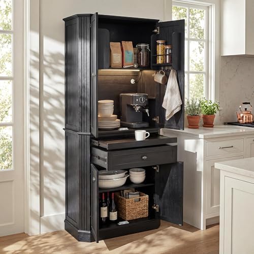 72.2" Tall Kitchen Pantry Cabinet with Doors, Farmhouse Storage Cabinet with Charging Station & LED Light, Drawer, Adjustable Shelves and Pull-Out Shelves, Black Wood Pantry Cupboard for Dining Room