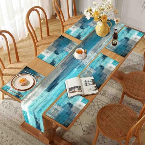 Mcalk Farmhouse Turquoise Table Runner and Placemats Set of 6 Pieces,Teal Turquoise Placemats Modern Art,Blue Grey Abstract Art Cloth Place Mats for Kitchen,Linen Material for Dining Table