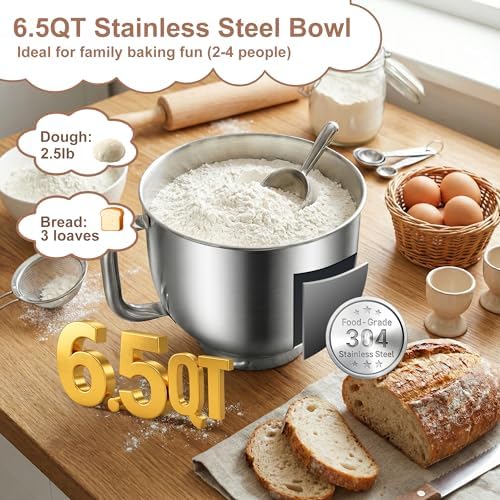 6.5 Qt 10-Speed Tilt-Head Stand Mixer with Dough Hook, Whisk, Beater & Splash Guard, Electric Kitchen Mixer for Baking, Cakes, Bread, and Home Cooking (White)