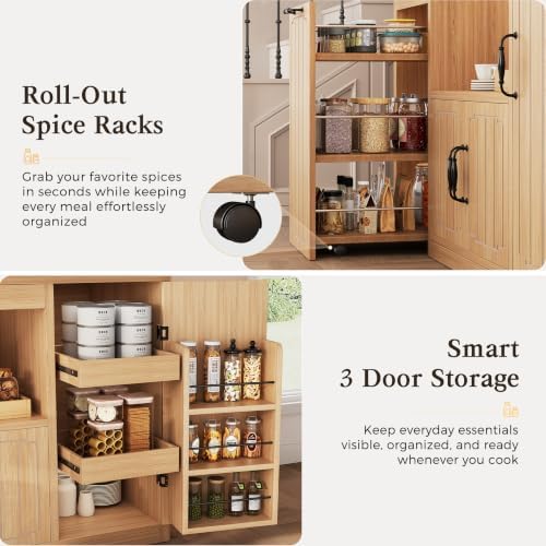 Fluted Kitchen Pantry Cabinet with Charging Station & LED Light, 47" Wide Kitchen Pantry Storage Cabinet with Countertop, Microwave & Appliance Storage, Food Pantry Cabinet for Dining Room ,Natural