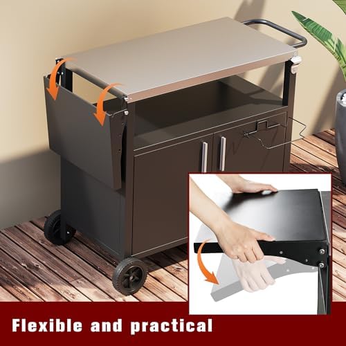 Vongrasig Outdoor Grill Cart, Patio Kitchen Island with Storage, Outdoor Bar Table BBQ Cart Pizza Oven Table with Foldable Stainless Steel Top & Wheels, Black