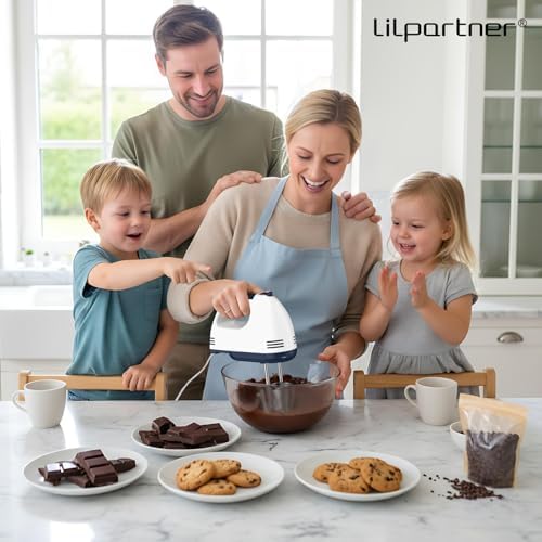 LILPARTNER Electric Hand Mixer with Storage Box, Ultra Power Kitchen Hand Mixer With 7-Speed & 5 Stainless Steel Accessories for Whipping Dough, Cream, Cake, Dishwasher Safe, LIGHT WHITE BOX