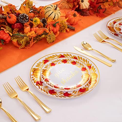 U-QE 125PCS Thanksgiving Plastic Plates with Gold Plastic Silverware