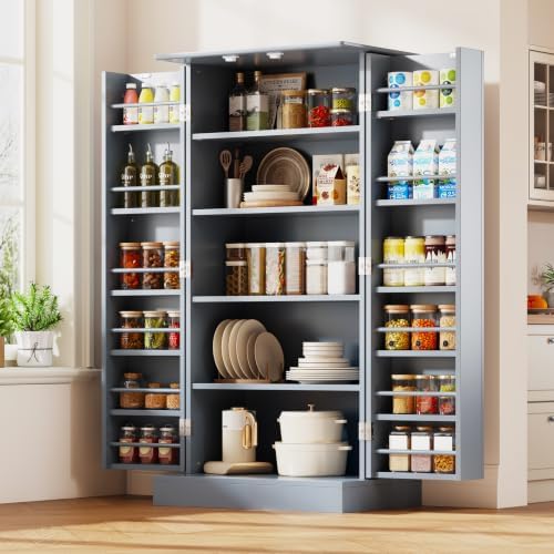 kepptory 47" Kitchen Pantry Cabinet with Doors and Adjustable Shelves, Freestanding Pantry Storage Cabinet, Farmhouse Buffet Cupboard for Kitchen, Dining Room, Living Room, Grey