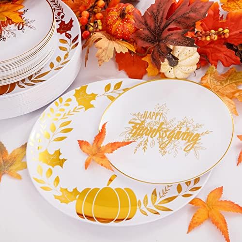 Ciaell 125PCS Thanksgiving Plastic Plates - Fall Pumpkin Disposable Plates White and Gold Heavy Duty Dinnerware Set include 25Dinner Plate, 25Desset Plate, 25Knives, 25Forks, 25Spoons for Thanksgiving