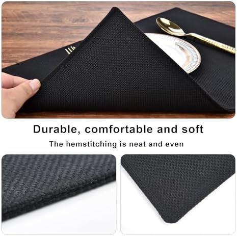 SLKQG Black Faux Linen Placemats Set of 6, Heat Resistant Washable Double Layer Cloth Place Mats for Dining Table, Wrinkle Resistant Linen Textured Farmhouse Kitchen Decor (6, Black)